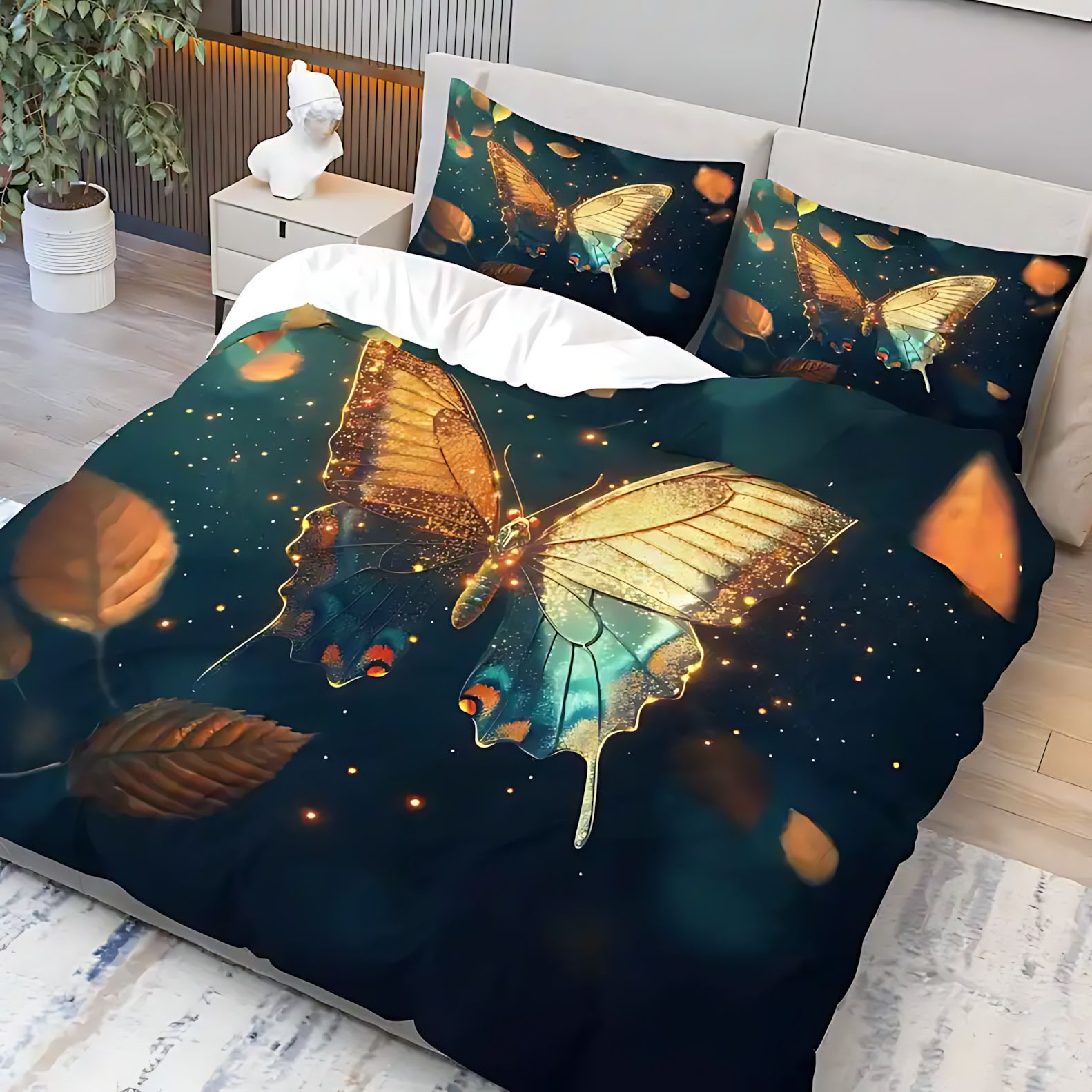 TEMU / JIT transfronterizo verde oscuro mariposa 3D molido impresión digital colcha suave set de almohada exclusivo transfronterizo