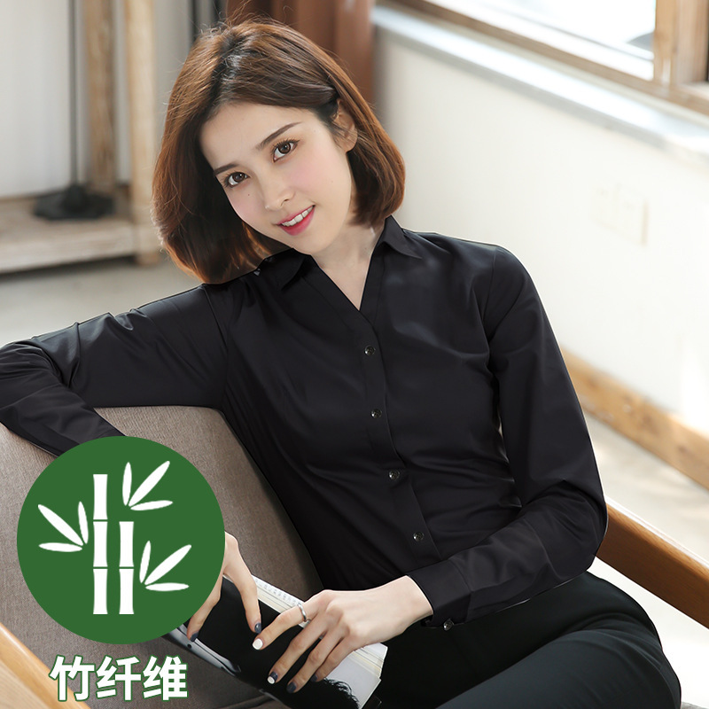 白い長袖シャツ 女性用 オフィスウェア ワークウェア 竹繊維 Vネック 小衿 白シャツ 卸売|undefined