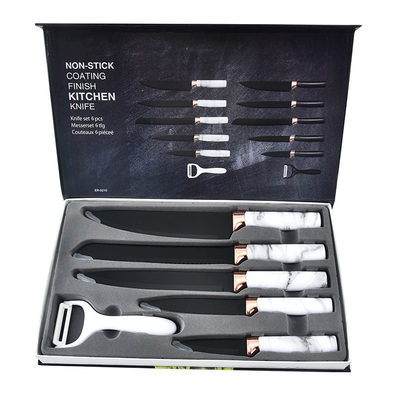 Acero inoxidable pintado chapado en oro rosa cabeza oblicua marbling mango blanco de seis piezas caja de regalo traje cortador