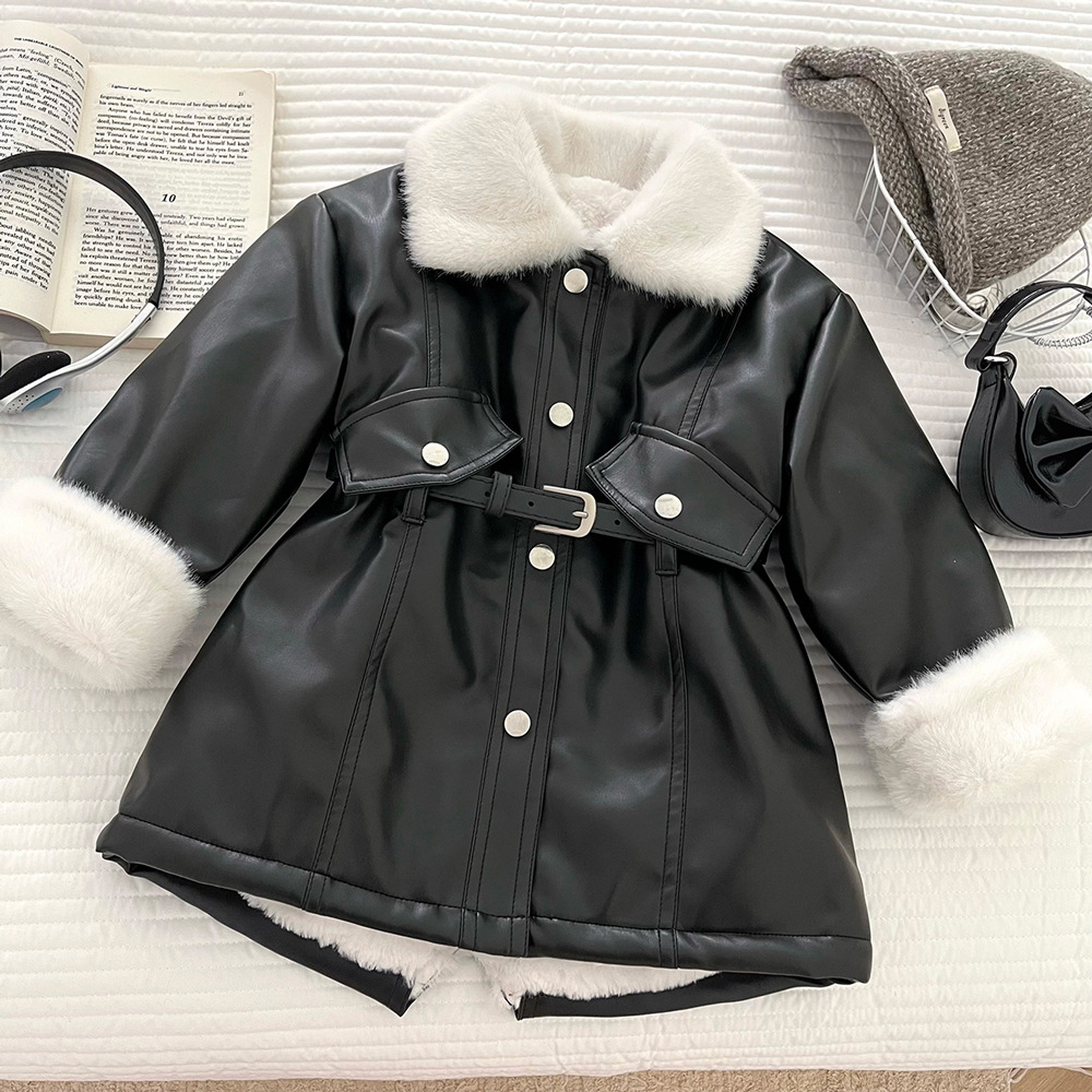 Girls' Fleece-Lined Soft Leather Jacket 2026 Winter New Stylish Thickened Mid-Length Waist-Cinching Warm Pu Leather Coat for Children