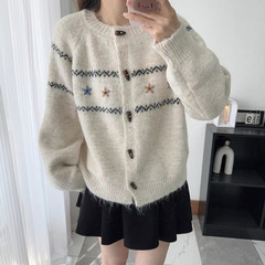 复古牛角扣毛衣开衫女装秋冬季韩系宽松慵懒风刺绣提花针织衫外套