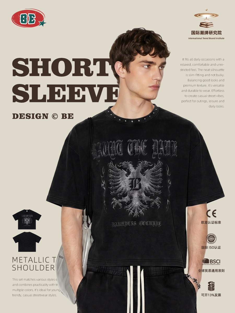 Be Hombres| Retro americano de alta calle marca de tendencia clavos de impresión de viento oscuro camiseta suelta hacer vieja Boxy hombre de manga corta