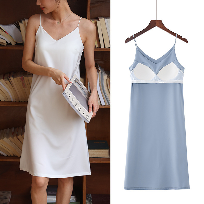 0302 New Suspbottomer Nightgown Summer Ice Silk Home Skirt Thin Pajamas with Breast Pads Long Bottoming Dress for Women