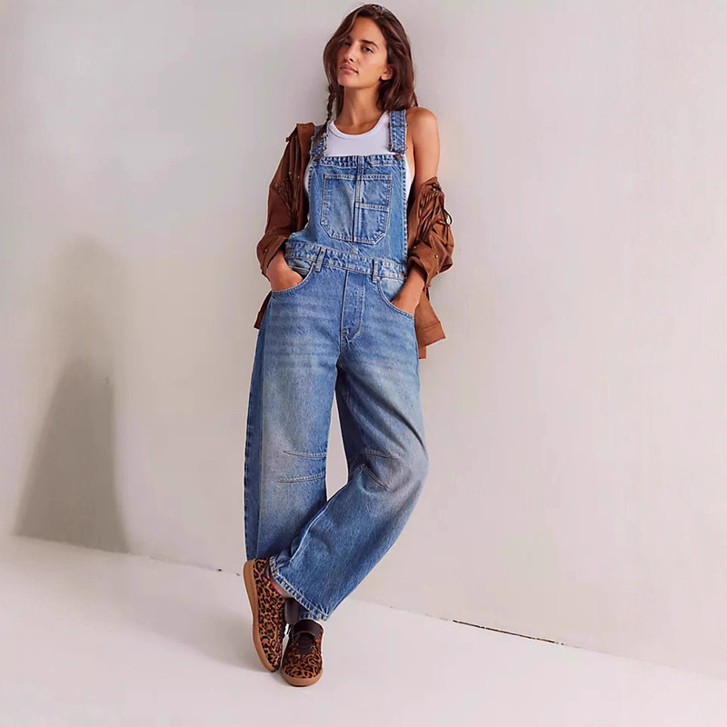 European and American Street Style New Washed Vintage Loose Autumn and Winter Straight-Leg Women's Workwear Denim Overalls Pants
