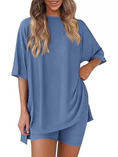 Cross-Border Foreign Trade Amazon New Women's Round Neck Short-Sleeved Slit Loose Short-Sleeved Shorts Home Wear Set Customization