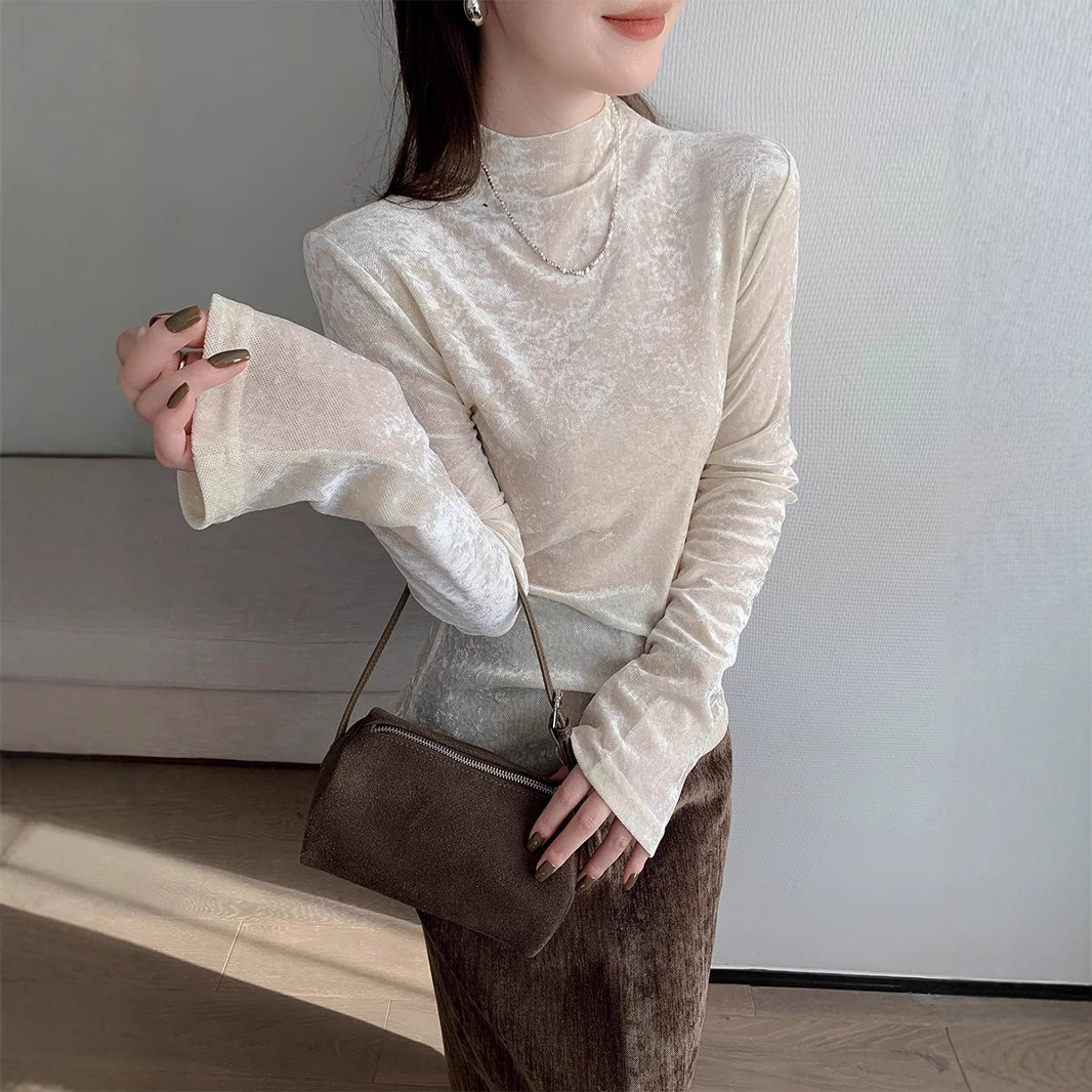 French-Style Half-High Collar Gradient Long-Sleeve Base Shirt for Women, New Elegant and Chic Slim-Fit Thin Top for Spring and Autumn