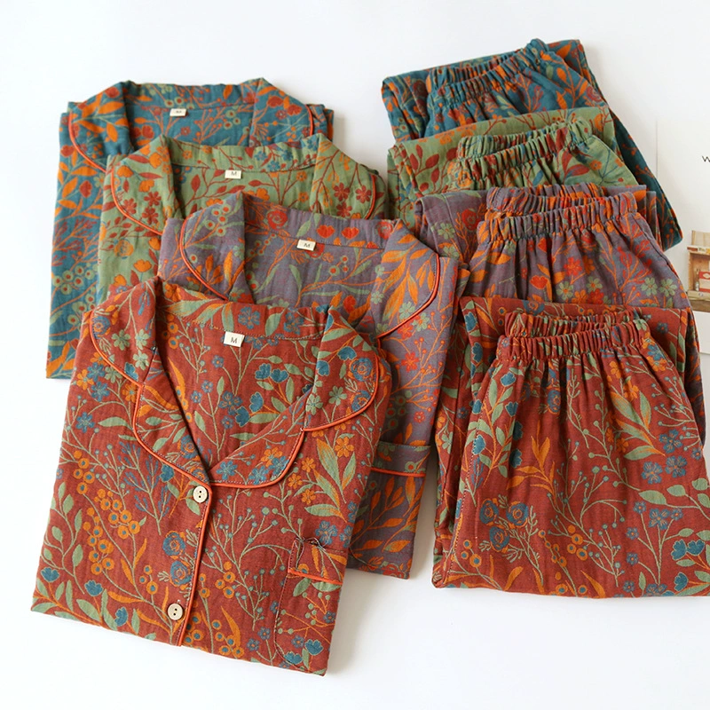 Новый весенний и осенний ретро хлопок трикотажный жаккардовый пижама с длинными рукавами брюки двойные хлопчатобумажная пряжа свободная домашняя одежда из двух частей