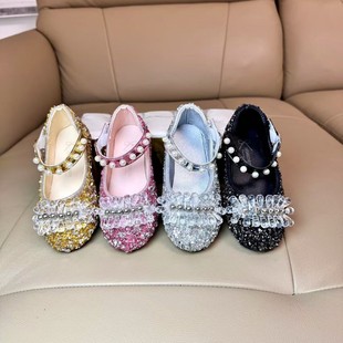 Girls' Princess Shoes 2024 Spring and Autumn New Arrival Rhinestone Fashion Bow Girl Baby's Crystal Shoes Soft Sole Aisha Shoes