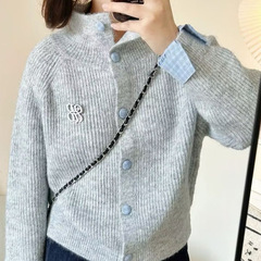 韩系复古翻领毛衣外套女秋冬新款宽松慵懒显瘦小个子长袖针织开衫