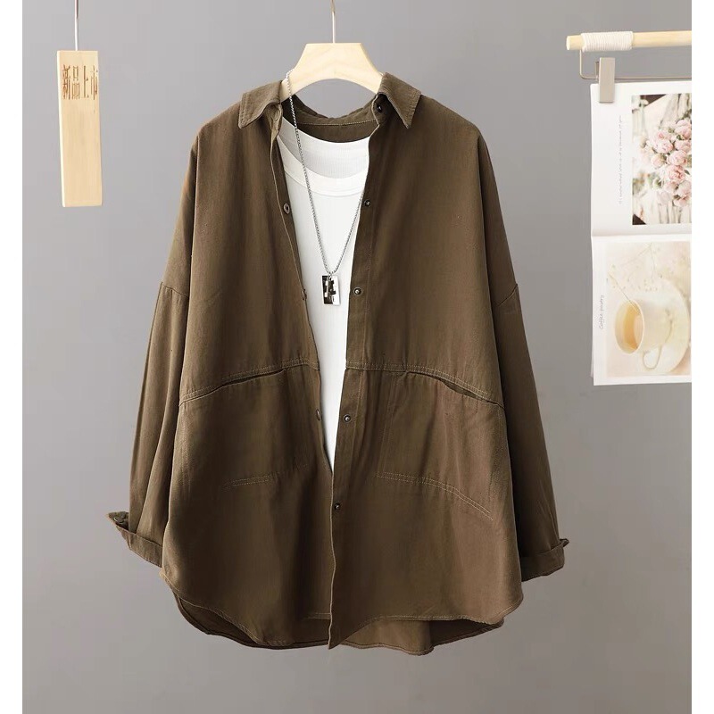 All-match casual shirt plus size loose slimming mid-length coat long sleeve retro workwear shirt for women