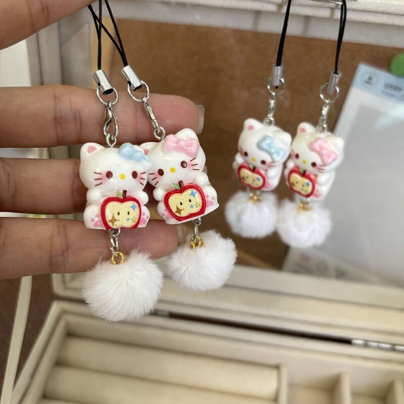 New Cartoon Apple Kitten Mobile Phone Chain Cute Resin Keychain School Bag Pendant Couple Best Friend Small Gift