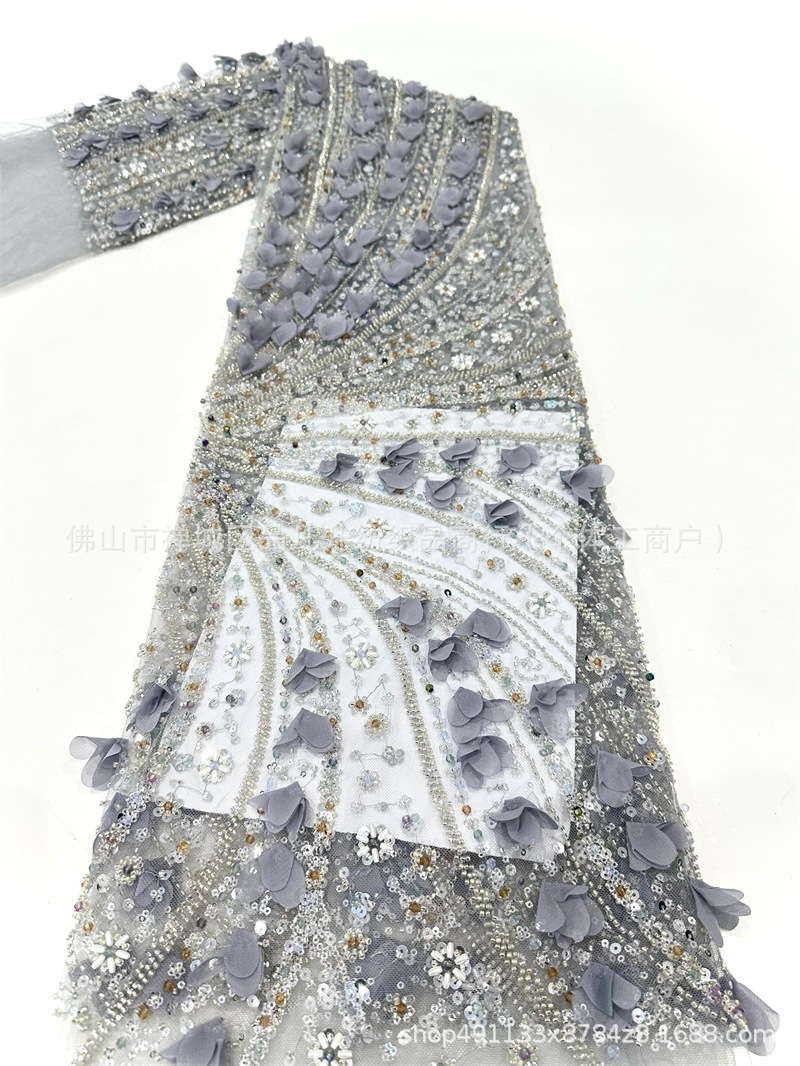 Tejido de bordado de tubo de perlas decalcado a mano diseño ligero lujoso de moda espectáculo de escenario vestido de tela de encaje