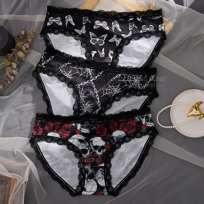Dark Skull Print Briefs Women's Thin Quick-Drying Halloween Print Breathable Low-Waist Fitness Underwear