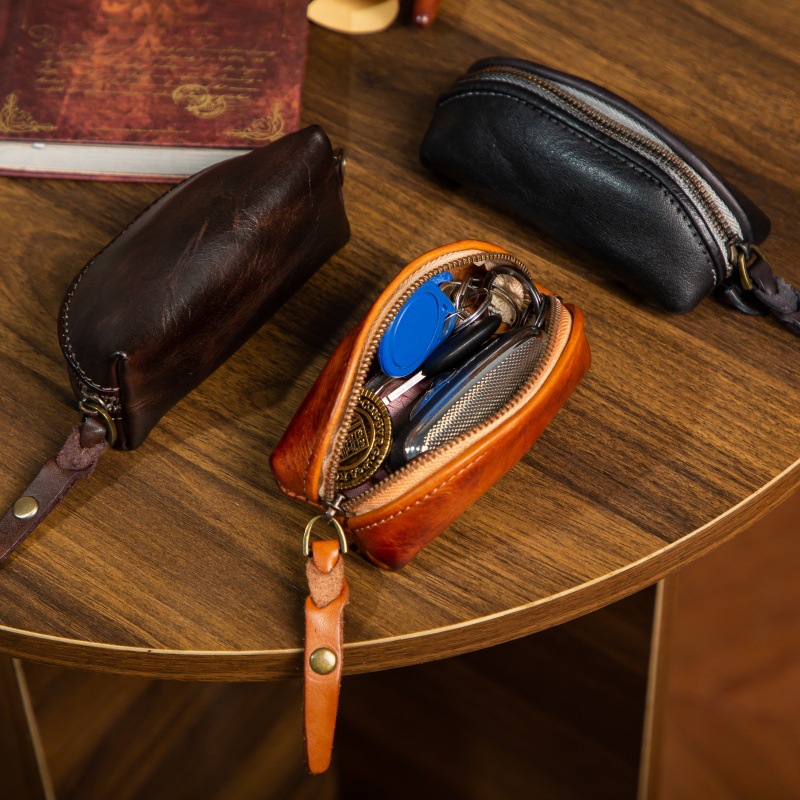 Top-layer vegetable-tanned leather car key case, unisex personalized multifunctional coin purse, handmade vintage genuine leather storage bag