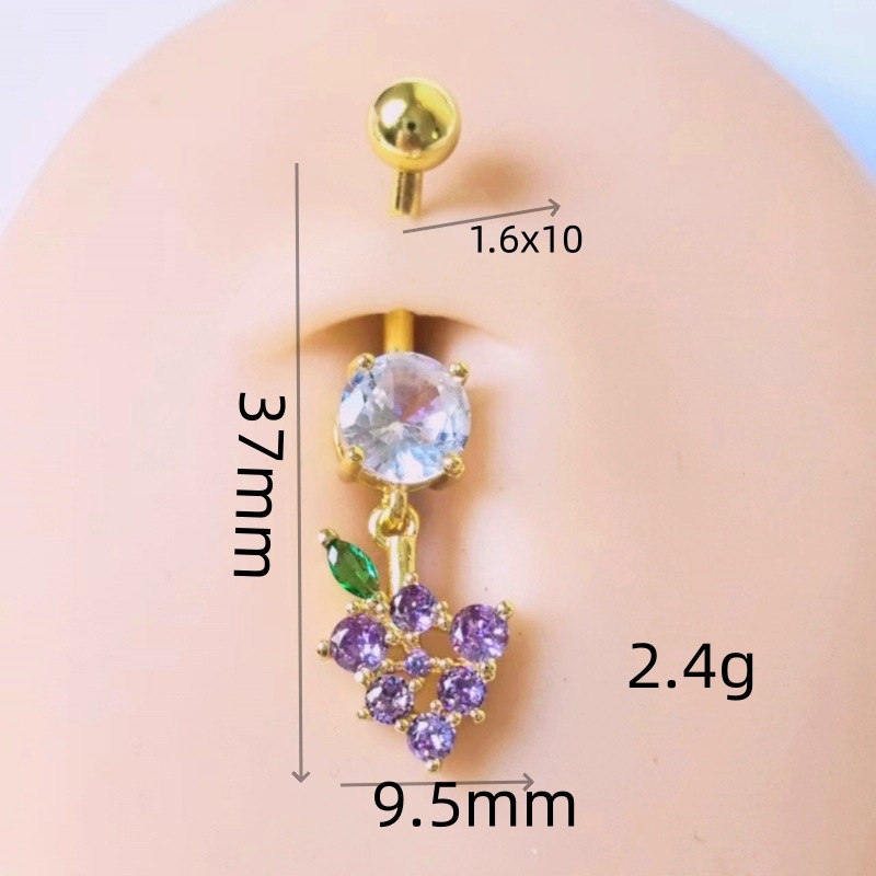 Geometric Fruit Series Grape Micro-Encrusted Stone Navel Ring Belly Button Jewelry Copper Gold Plated detail image 9