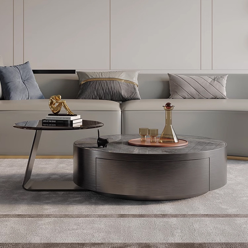 Luz de lujo ronda roca placa mesa de café sala de estar casa pequeño apartamento moderno simple minimalista Acero inoxidable vidrio combinación mesa de café