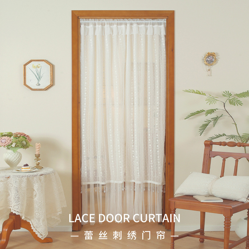 Hot-Selling Wholesale French Country Style Pear Blossom White Double-Layer Lace Embroidery Exquisite Beaded Dust-Proof Home Door Curtain
