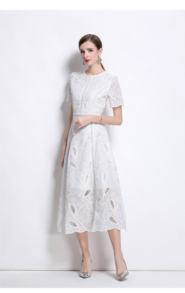 Đầm maxi nữ thắt eo cổ điển Pháp ren thêu họa tiết tay ngắn — màu đen, xanh nhạt, màu hồng, Xanh da trời nhạtcolor chi tiết 18