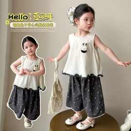 女童花边卡通小衫套装中小童立体小兔夏季新款无袖斑点上衣两件套