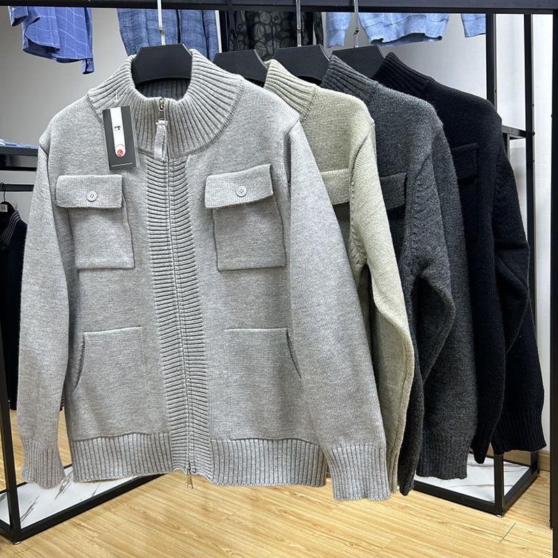 Foreign Trade Cut Standard Men's Wear-Half High Collar Knitted Zipper Cardigan Loose Wide Base Shirt Spring Casual Jacket