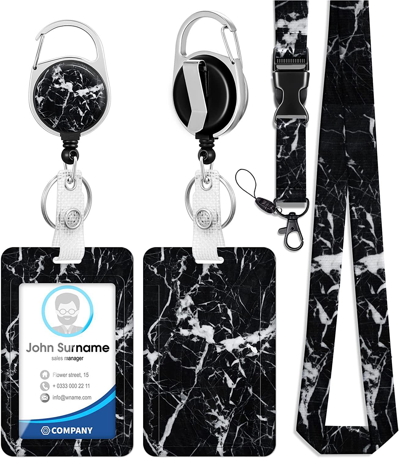 Cordón de poliéster de transferencia térmica de color oscuro mármol negro epoxi hebilla de fácil extracción gradiente garra de perro Certificado de impresión titular de la tarjeta