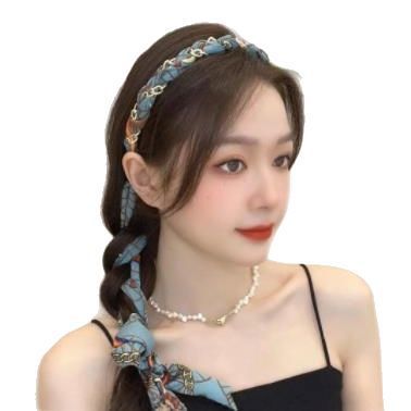 レトロなチェーンリボンヘッドバンド、女性用ヘアタイ、一体型ヘッドバンド、夏のシルクスカーフヘッドバンド、編み込みヘアピン、リボンヘアアクセサリー|undefined