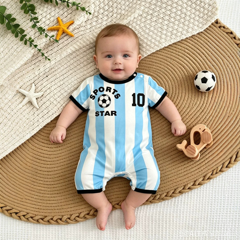 Infant and Toddler Blue and White Striped Sports Trendy Romper Summer Thin Short-Sleeve Baby World Cup One-Piece Jersey Infant and Toddler Blue and White Striped Sports Trendy Romper Summer Thin Short-Sleeve Baby World Cup One-Piece Jersey
