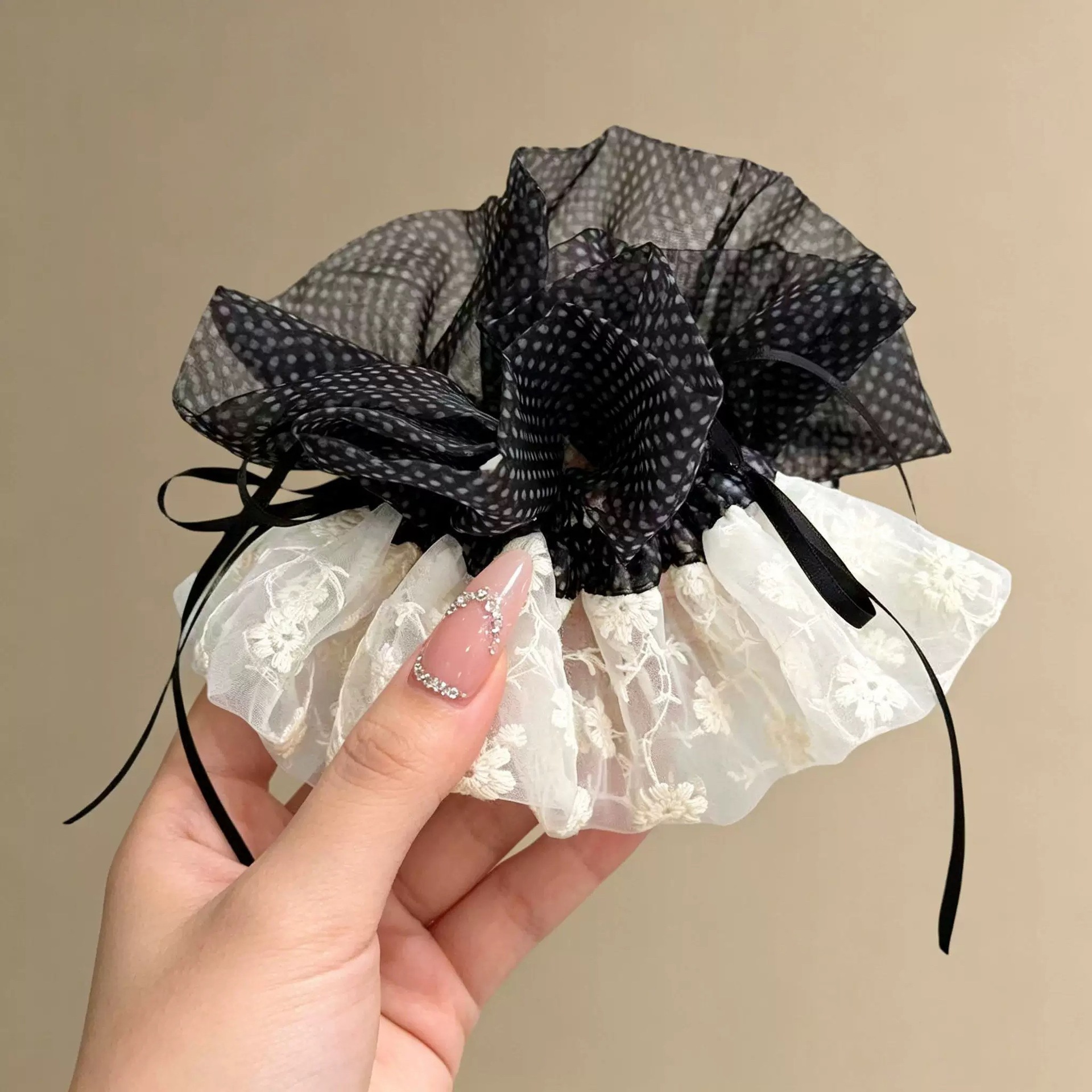36# black polka dot bow ribbon daisy embroidery about 14cm