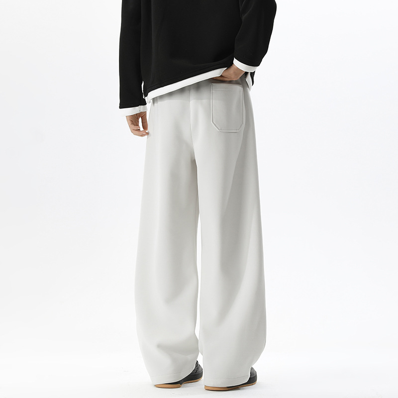 Black Curved Hem Air-layer Drawstring Sweatp For Men, Spring Cleanfit High Street Patchwork Striped Retro Wide-leg_voghion.com