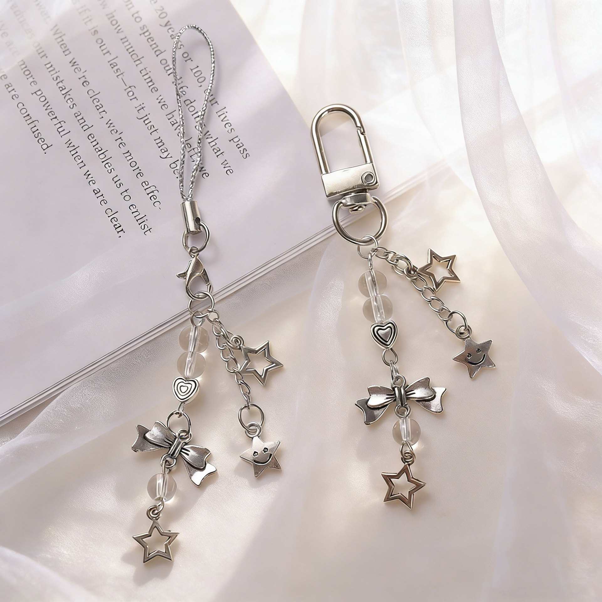 Korean and Japanese Ins Style Sweet Silver Star Bow Phone Chain Pendant Bag Pendant Keychain Versatile Accessory