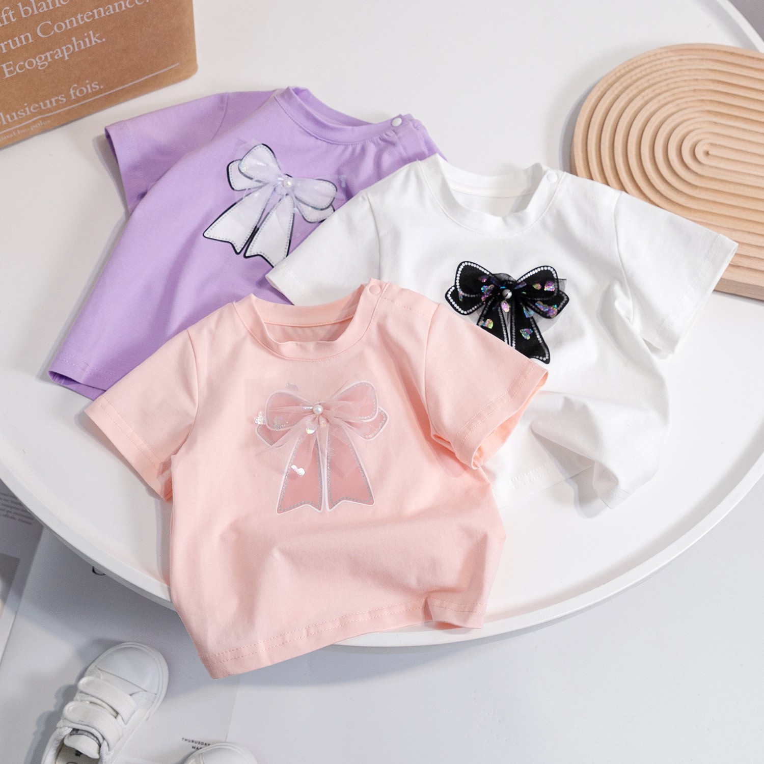 Girls 2023 new summer Korean cotton short-sleeved T-shirt fashionable and cute bow 3 baby girl tops