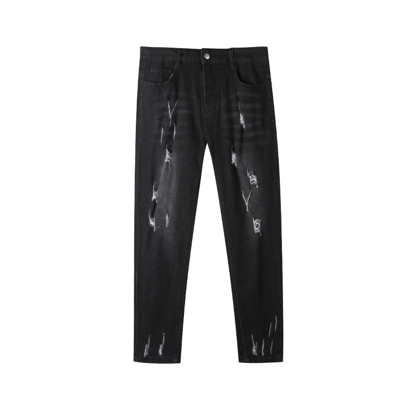 Men's Slim Fit Jeans Fashion Trend Elastic Patch Denim Trousers Mid Waist Black Long Casual Cotton Pants_mkmklike.com