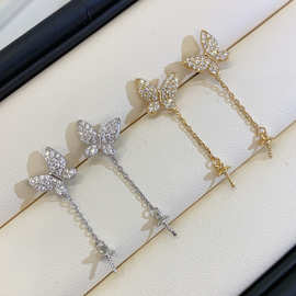 S925银锆石7-12mm淡水珍珠耳钉配件精致流苏蝴蝶设计裸珠裸石空托