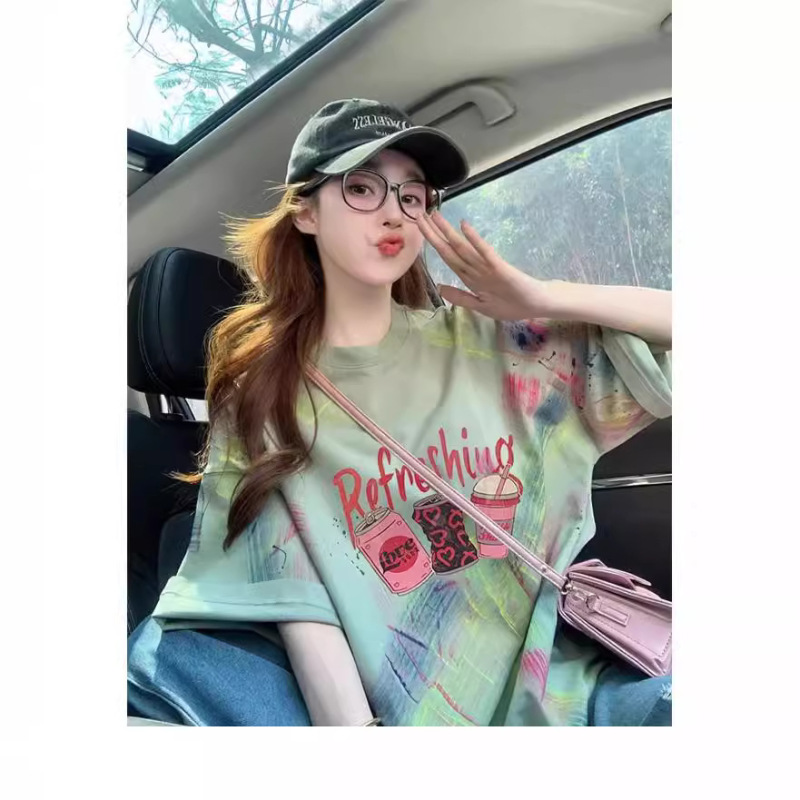 oversize American Tie-Dye Design Cotton Mid-Length T-Shirt Women's Fashion Brand Graffiti Age-Reducing Loose Slimming Top