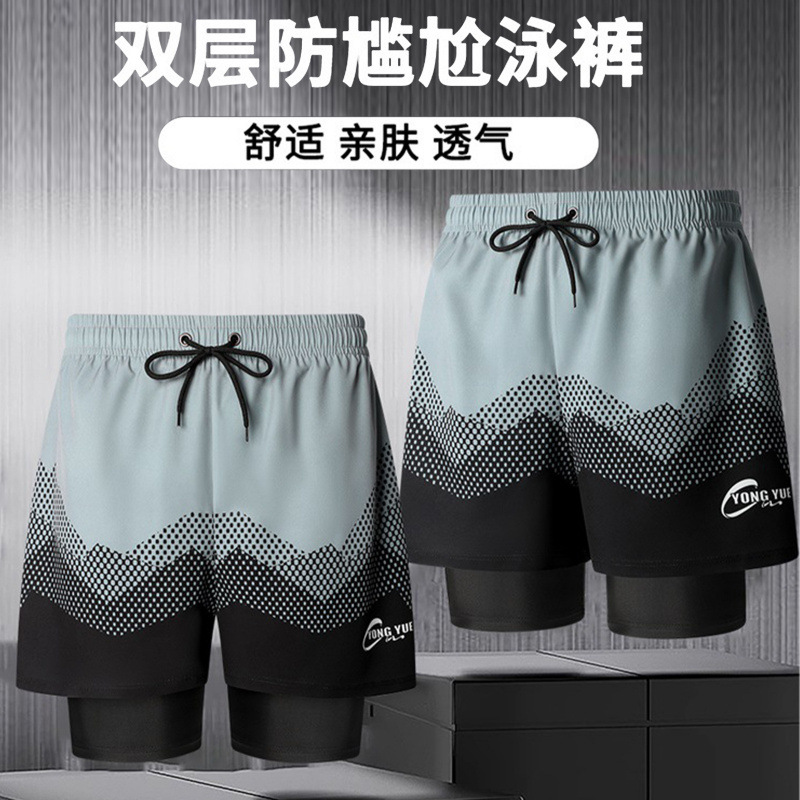 Swim Trunks Men's New Fashion Printed Large Size Loose Quick-Drying Conservative Double-Layer Anti-Embarrassment Surfing Casual Hot Spring Swimsuit