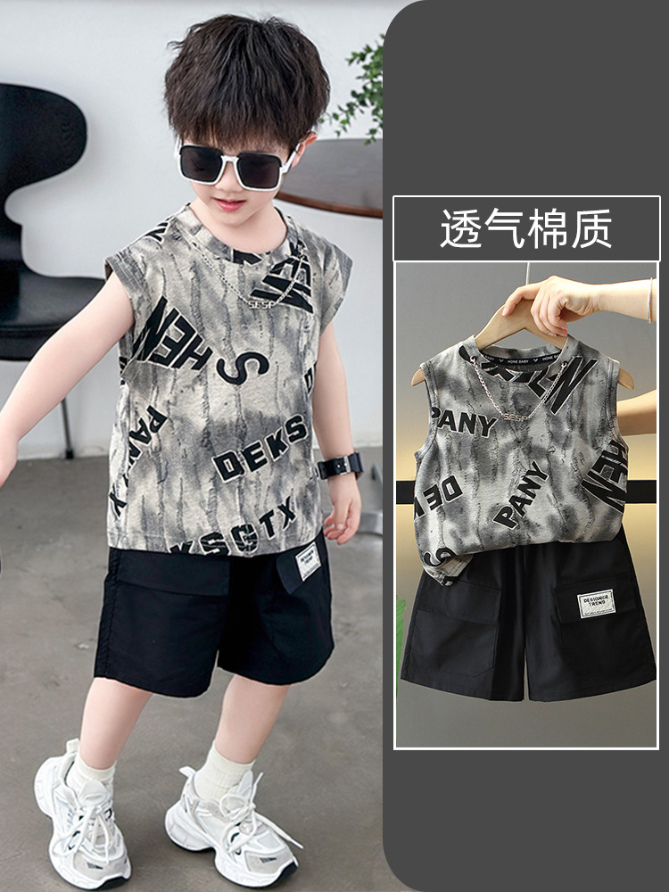 7853 Traje de verano para niños 2025 Nuevo chaleco sin mangas para niños fresco y guapo Traje de dos piezas Ropa de verano para bebés Trendy