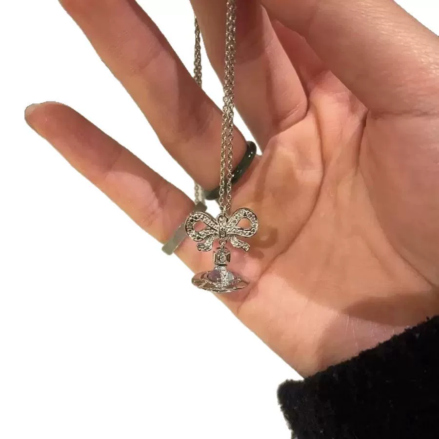 Three dimensional necklace with bow, cute chain for key bag , earrings, diamond encrusted, light luxury style, bright catchy style