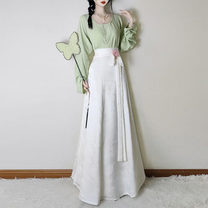 Chenzhimeiオリジナル漢服女性（藍）唐服ラウンドネックシャツ腰丈破れスカート毎日通勤スーツ夏その他|undefined