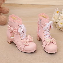 28--43大小码女靴洛丽塔女短靴蕾丝链条装饰粗跟中跟粉色女童靴