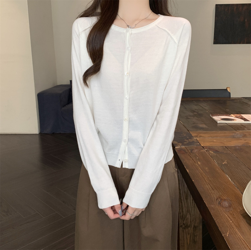 美式2025秋季韩版宽松简约休闲插肩圆领6羊毛针织开衫外套女毛衣|undefined