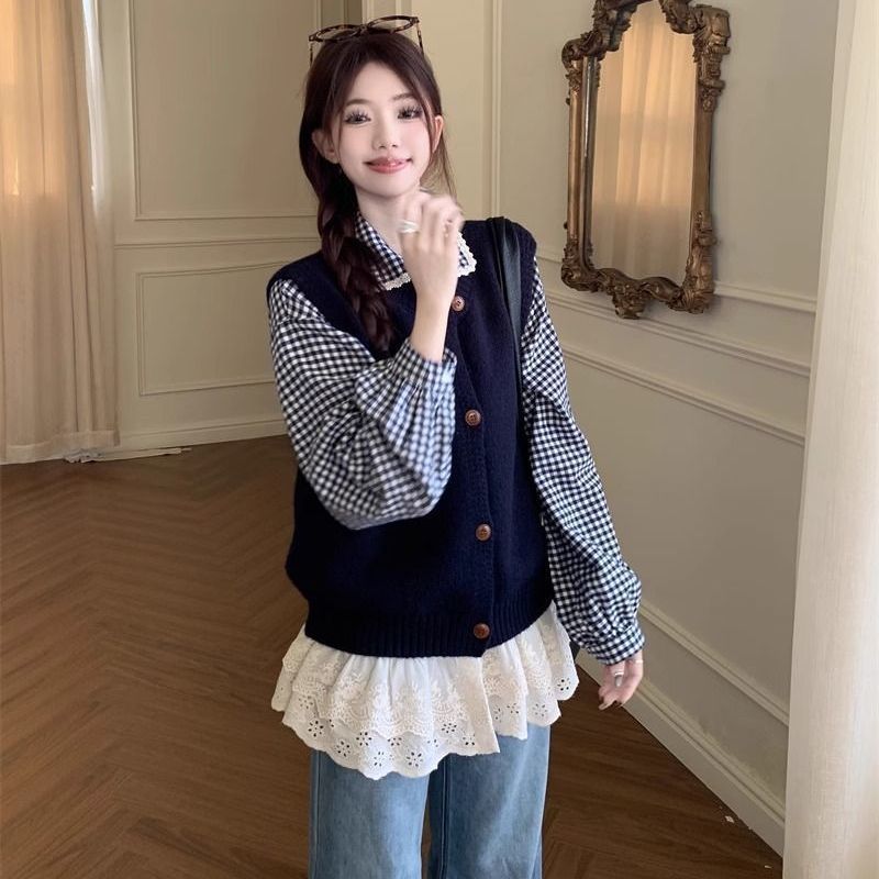 学院风套装女春夏复古减龄圆领针织开衫马甲搭花边格子衬衫两件套|undefined