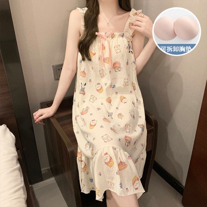 2024 transfronterizos verano esling vestido de pijama de tela de gancho de mujer cojín de pecho dulce se puede usar vestido largo ropa para el hogar