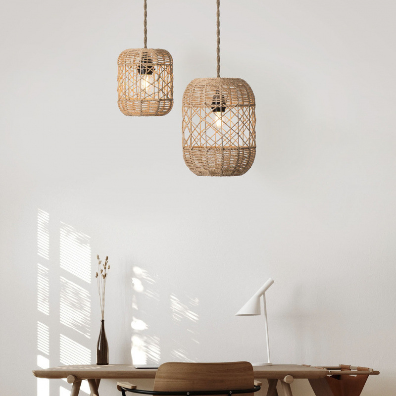 Araña de ratán de imitación de estilo pastoral, lámpara de restaurante tejida con cuerda de papel, casa de té, arte de ratán, arte de bambú, candelabro de sala de estar, candelabro de comedor