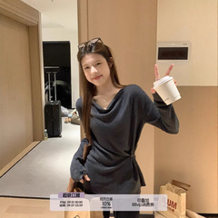 乌77设计感法式荡领斜扣针织衫女冬季收腰显瘦内搭打底长袖上衣新