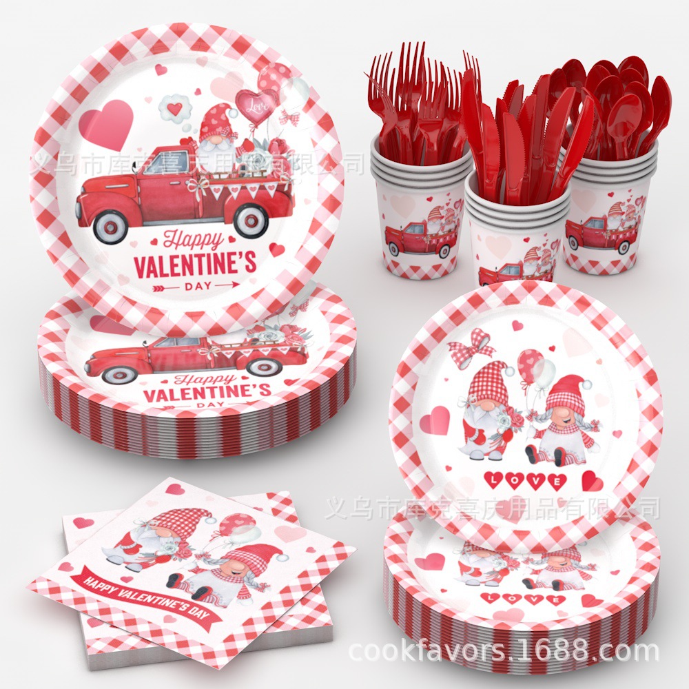 2025 nuevo día de San Valentín amor enano tema fiesta suministros de decoración bandeja de papel desechable vaso de papel toalla de papel vajilla
