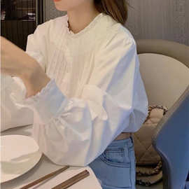 女士设计感小众衬衣女小衫秋季新款气质法式木耳边立领白色衬衫