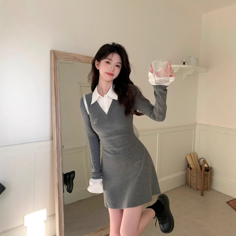 假两件灰色针织连衣裙子女秋冬季2025新款气质辣妹打底内搭包臀裙|undefined