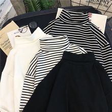 新款内搭洋气高领条纹加绒打底衫女秋冬季长袖秋衣恤女上衣服潮