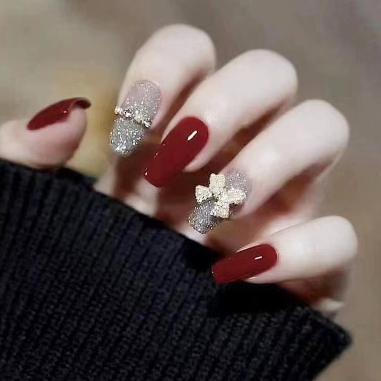 Cross-Border 24-Piece Short Wine Red Glitter Bow Short Tapered Nail Tips Pure Desire Nail Art Tips Wearable Nail Tips Cross-Border 24-Piece Short Wine Red Glitter Bow Short Tapered Nail Tips Pure Desire Nail Art Tips Wearable Nail Tips