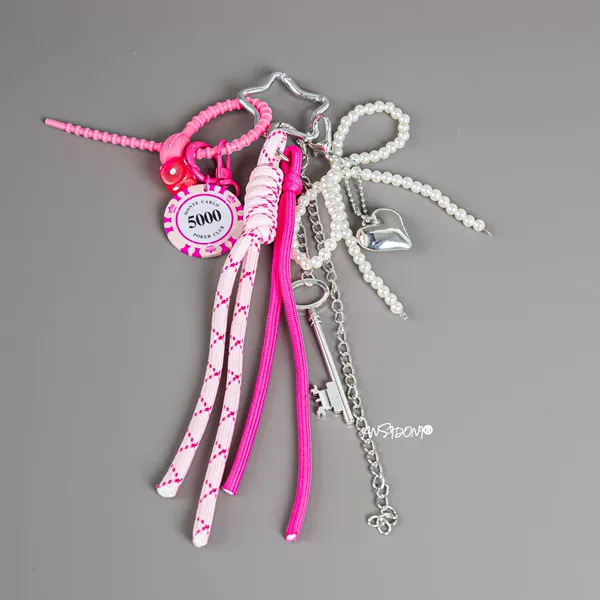 T46 [Five Angles] Pink Rope Keychain + Pearl Love Knot + Rose Red Chips with Dice